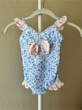 Sweet Honey kids one piece swimsuit ruffle cutout bow blue and pink size 3T NWT